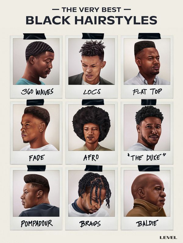 Realistic drawings of The Best Black Hair Styles (Including 360 Waves, Locs, Flat Top, Fade, Afro, "The Duke", Pompadour, B 