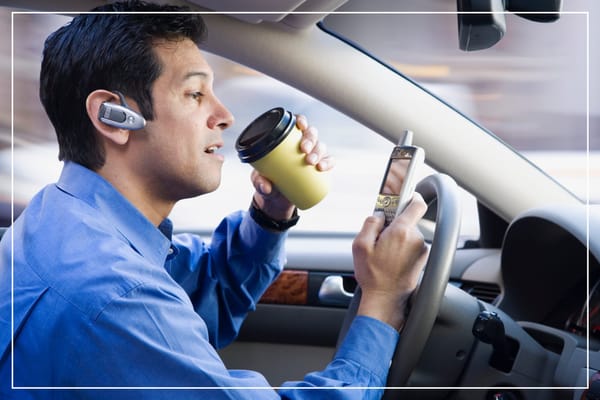 Man driving while holding coffee and looking at his phone